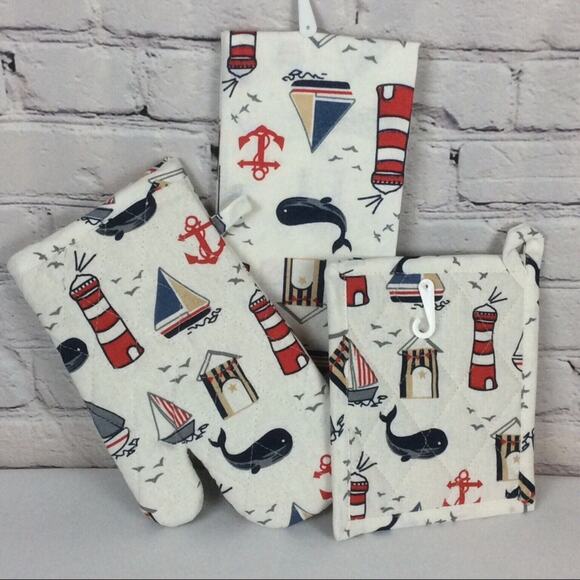 ⚓️Nautical Coastal Life 3 Pc. Kitchen Set~1 Dish Towel~1 Pot Holders~1 Oven Mitt - Picture 9 of 9